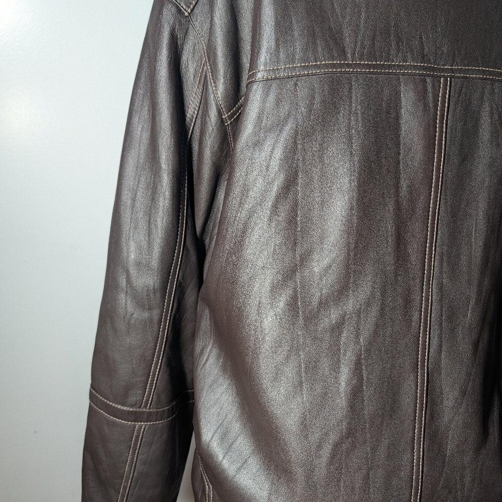 Max USA Men's Brown Leather Zip-Front Racer Button Jacket Size M - Picture 4 of 9